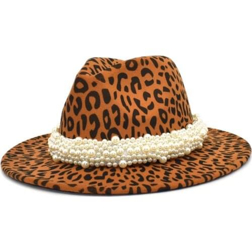 Wide Brim Leopard Fedora Hat Ladies Wool Felt Women Men Party Jazz Hat Patchwork Panama Color Matching Top Cap Pearl Band Hats