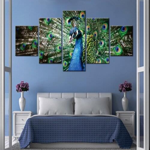 Blue Feather Colorful Peacock Flaunting Its Tail Animals 5 Pieces Canvas Wall Art Painting Print Poster Picture Home Decor