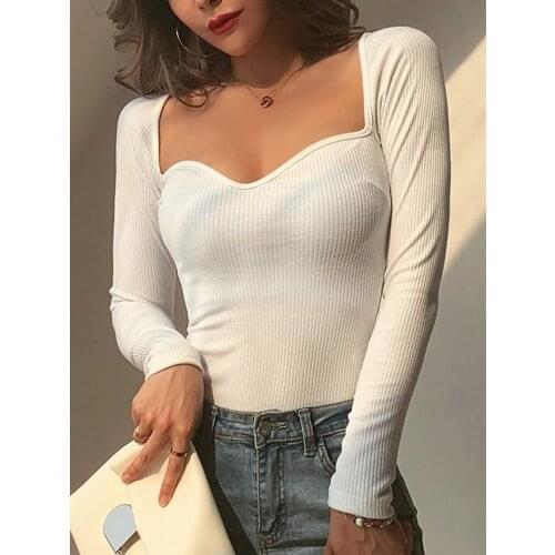 Womens T Shirt Square Collar Solid Color Long Sleeves Slim cotton sexy Low-cut Tops Wholesale 2021 New Fashion Female Clothing