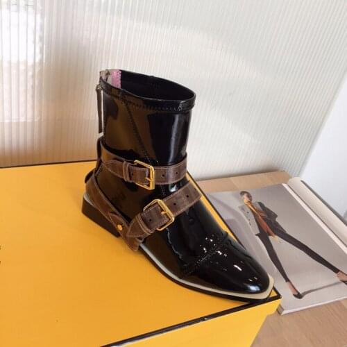 Shoes For Women 2021 Lady Flat Shoes Short Boots BOOT Square Toe Patent Leather Luxury Designers Brand Fashion New