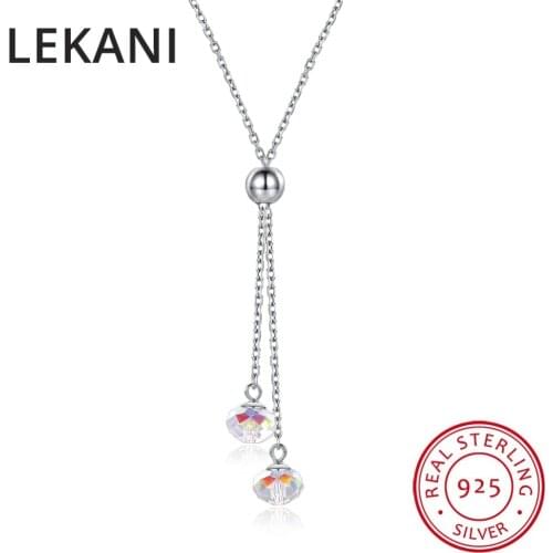 LEKANI Two Beads Crystals From SWAROVSKI Long Pendants Necklaces Real 925 Silver Chain Collares For Women Bohemian Jewelry 2018