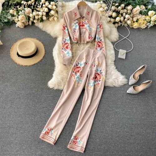 High Quality Runway Design Retro Pattern Printed Shirt Pants Two piece set Women Elegant Office Ladies Casual Print Trousers Set