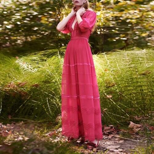 Sexy Vintage Pink Lace Patchwork Pleated Long Dresses for Women 2021 Summer Runway Elegant V-neck Lantern Sleeve Maxi Dress