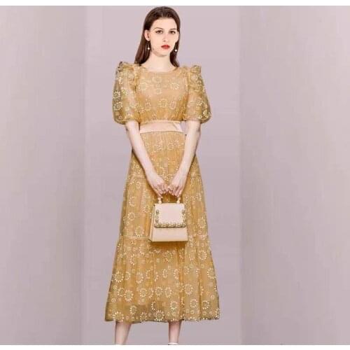 IVY HE Summer Womens Dress 2021 Vintage Dresses Elegant Daisy Printing Agaric Foam Sleeve Gauze Long Dress Women Traf Robe ZA
