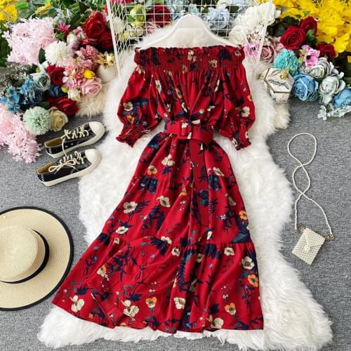 2021 Vintage Boho Ruffles Sexy Off Shoulder Summer Midi bandage Dress Women floral print beach chiffon dress Party holiday dress