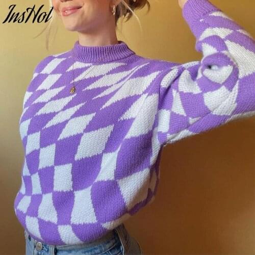 100% Cotton 2021 Autumn Winter Women Knitted Diamond Sweaters Female Long Sleeve Casual O Neck Warm Loose Pullover Knitwear