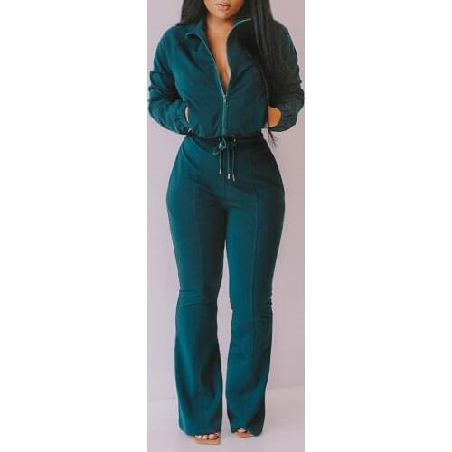 2020 Autumn Spring Women Fashion Solid Plain Zipper Design Coat & Drawstring Pants Set Chic Suit Sets Female