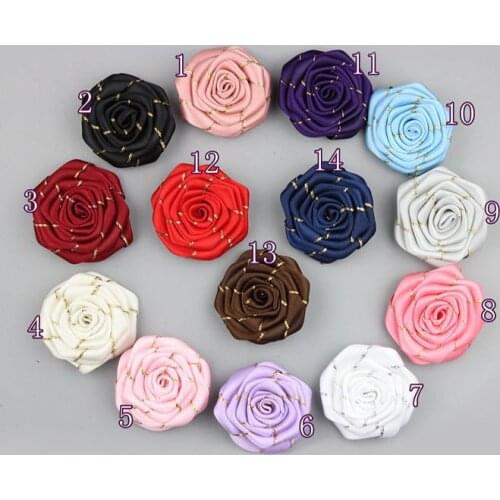 30 pcs / lot ,4.5cm astin ribbon rose flower polyester roll rose with gold side fashion accessories hot sale