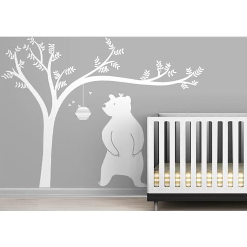 Large Honeyland Wall Decals White Tree Decal with Cute Bear Wall Decal For Kids Baby Nursery Rooms Vinyl Wall Stickers Art A232