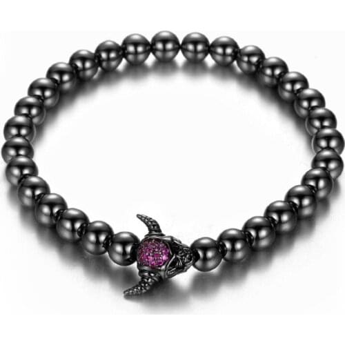 Charm Cz Zirconia pave Bull Head Skeleton Bracelet Men Black Natural Stone Bead Cattle Head Bracelets For Women Punk Jewelry