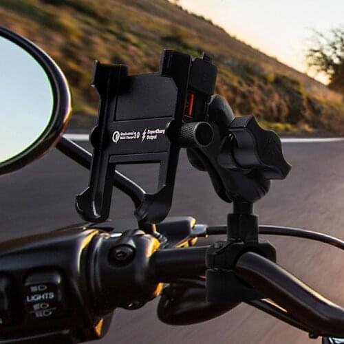 Motorcycle Handlebar Mirror Mount Quick Charger 3.0 Universal Aluminum Alloy Cell Phone Holder for 4.5-7 inch Mobile Devices