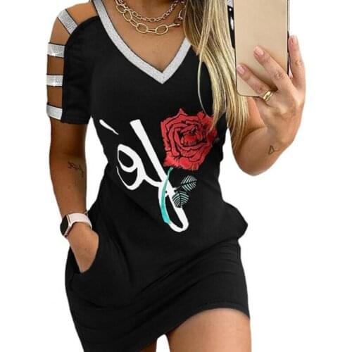 Women Vintage Rose Letter Print Dress Elegant Hollow Out Short Sleeve Party Dresses Female Fahsion Casual O-Neck Slim Dress 3XL