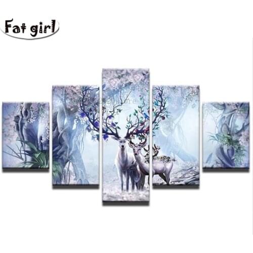 Animal home wall hanging 5d Diy diamond painting 5 panel cross stitch mosaic deer animals embroidery square round drill Handmade