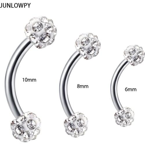 JUNLOWPY 16g Stainless Crystal Balls Eyebrow Barbell Piercing Ring Curved Bar Eyebrow Ring Pircing Fashion Body Jewelry 6/8/10mm