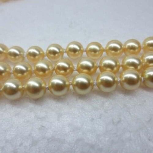 Beautiful 3 row 8mm yellow perfect round sea shell pearl necklace 17"-18"-19"