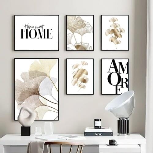 Wall Art Canvas Painting Golden Ginkgo Leaves Home Quotes Nordic Posters And Prints Wall Pictures For Living Room Salon Decor