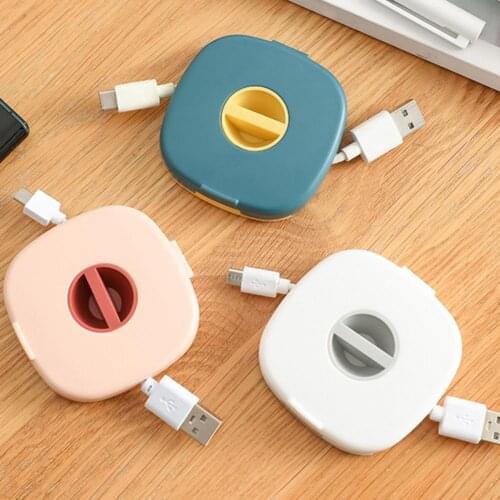 Portable Cute Square Shaped Rotating Clip Headset Data Cable Organizer Storage Box Desktop Winder Mobile Phone Holder Stand