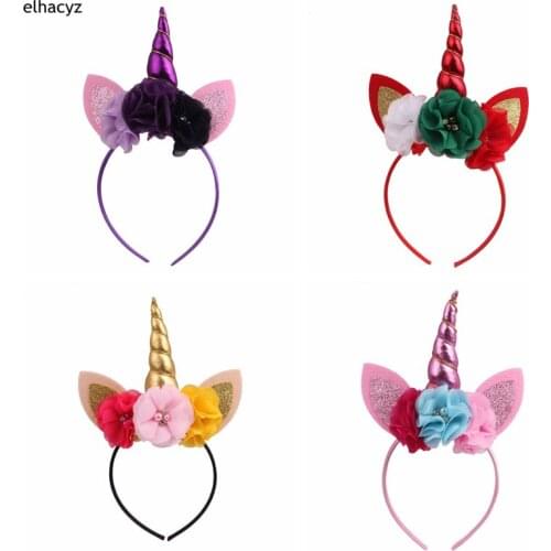 8pcs/lot Elastic Unicorn Headband Girls' Tiaras Hair Band Flower Headwear Party DIY Hair Accessories For Children