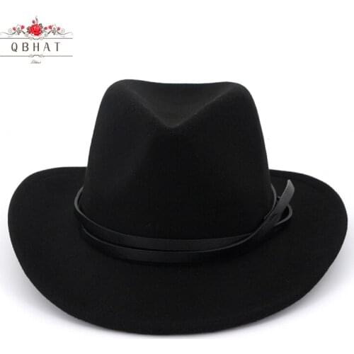 QBHAT Unisex Men Women Western Cowboy Jazz Hat Fashion Belt Decor Wool Felt Fedora Hats Wide Brim Carnival Trilby Sombrero