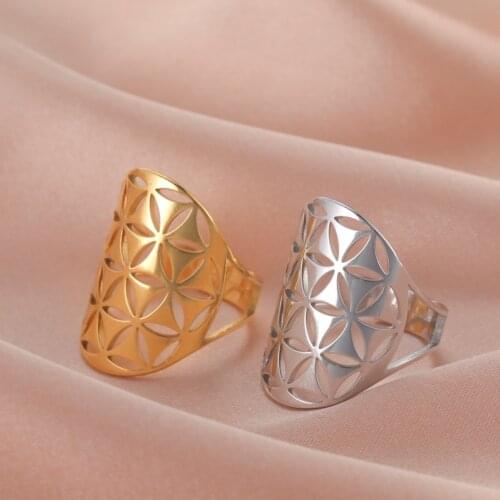 Skyrim Women Flower of Life Rings Gold Color Stainless Steel Geometric Resizable Ring Viking Jewelry Anniversary Friend Gift