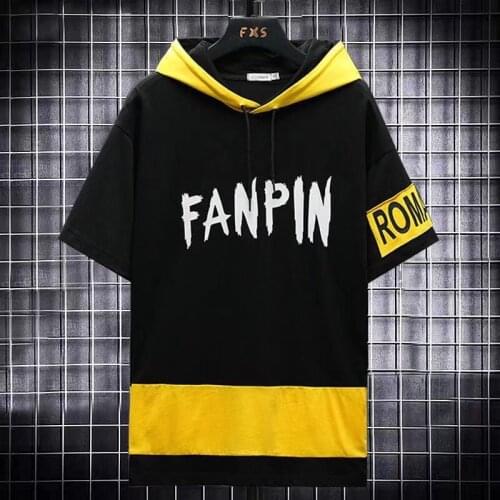 2021Summer Mens Hoodies Japan Fashion Streetwear Short Sleeve sweatshirt Men Casual Harajuku Men Clothed Patchwork Hoodies Men