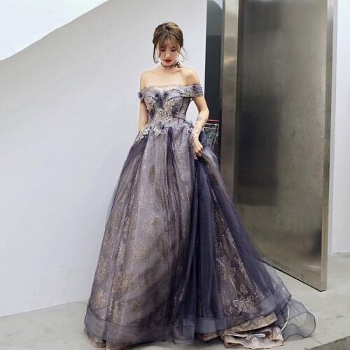 Evening Dresses Elegant Boat Neck Off Shoulder Robe De Soiree Shining Appliques Formal Gowns Sequined Purple Long Vestidos