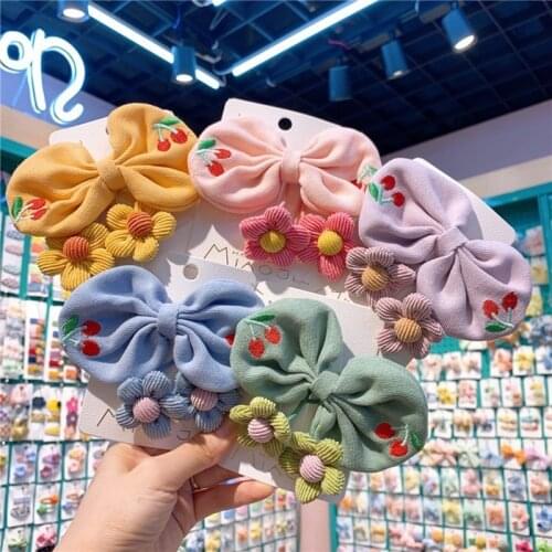 Bow Hair Pins For Girls Small Flower Hair Clips Hair Accessories Set Cherry Embroidery Hairpin Kids Children Barrettes 2 Piece