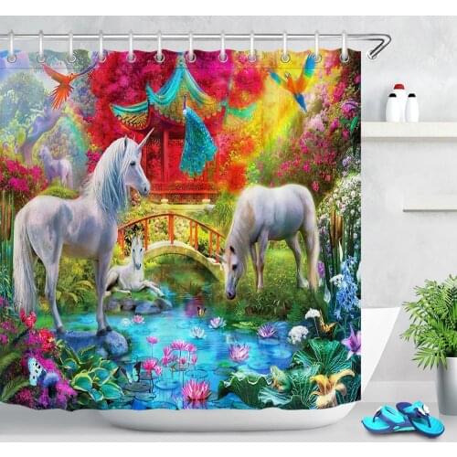 Unicorn Shower Curtain for Bathroom Garden Flowers Tree Animal Bird Waterproof Polyester Fabric Bath Curtain Landscape Decor