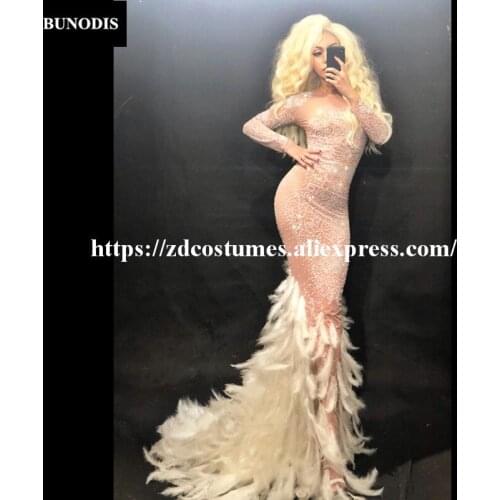ZD236 Net Yarn Women Long Skirt Sparkling Crystals White Feather Tail Fashion Show Nightclub Party Birthday Bling Clothing