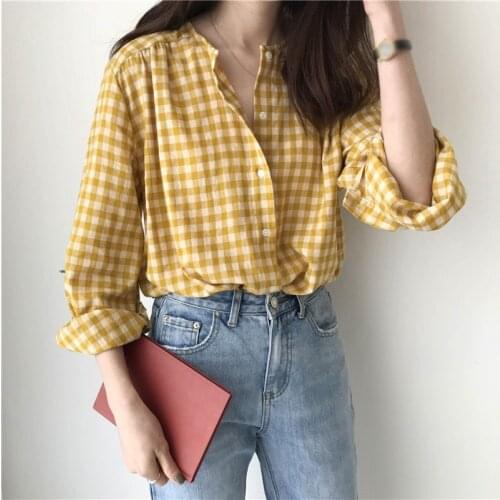 Plaid Blouse Women Spring Long Sleeve Sweet O Neck Loose Shirt Ladies Korean Style Sweet Tops Clothes