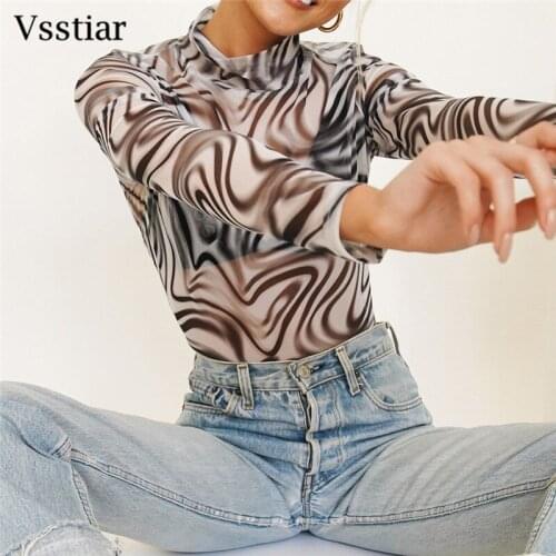 Vsstiar See Through Mesh T-Shirt Women Turtleneck Sexy Tops Long Sleeve Slim Ladies Outfits Fashion Summer Striped Clubwear Tees