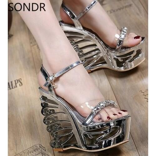 Womens Unique Butterfly Shape Heels Super High 15CM Clear Rhinestones Crystal Platform Peep Toe Slingbacks Sandals Shoes
