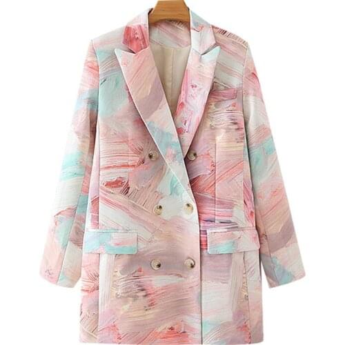 Women 2020 Fashion Double Breasted Graffiti Print Blazers Coat Vintage Long Sleeve Pockets Female Outerwear Chic Tops