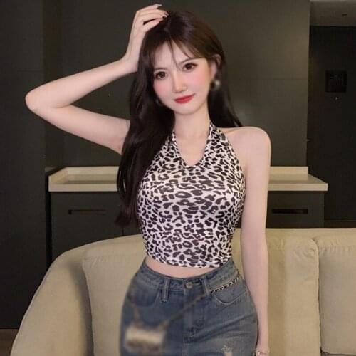 Women Leopard Halter Slim Tank Summer Crop Tops Sexy Elastic Sling Vest Tops Ladies Sexy Fashion Printed Camisole
