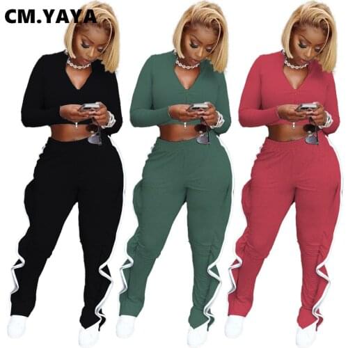 CM.YAYA Activewear Womens Set Zipper Track Sweatshirt Ruffles Splicing Slit Pants Set Tracksuit Fitness Two Piece Set Outfits