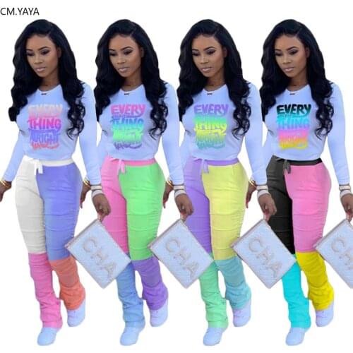 CM.YAYA Active Wear Womens Set Long Sleeve Letter Print Top Stacked Patchwork Pants Suit Tracksuit Two Piece Set Fitness Outfit