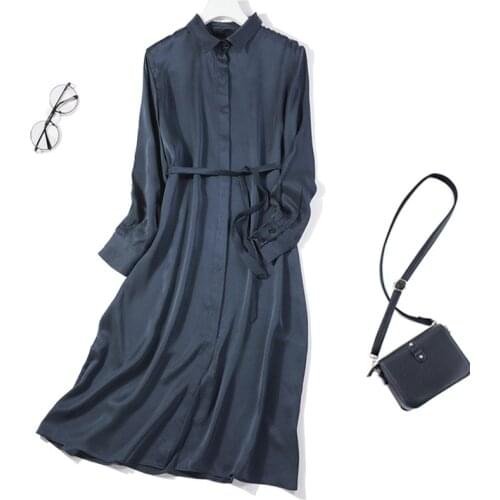 Womens 100% Pure Silk Long Sleeve Collared Long Shirt Dress solid color one size JN023
