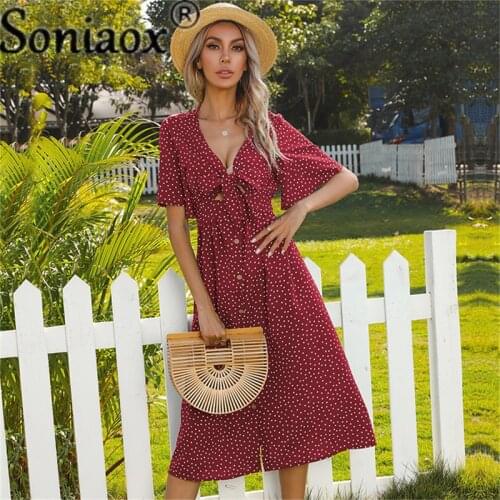 2021 Summer New Women Floral Midi Long Dress New Wave Point Robe V-Neck Sexy Dresses Hollow Out Lotus Short Sleeve Bow Vestidos