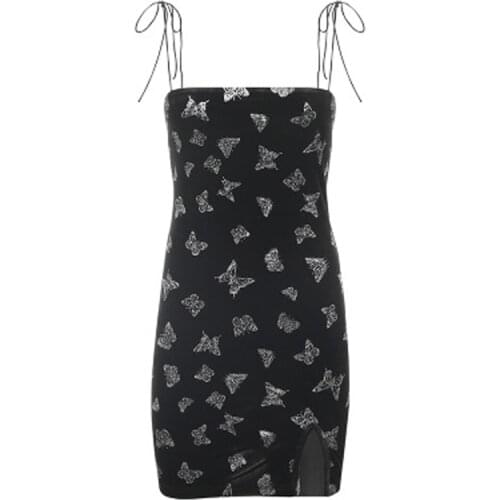 Goth Dark Harajuku Black Dress Women Gothic Spaghetti Strap Backless Off Shoulder Dresses Female Fashion Casual Print Sexy Dress