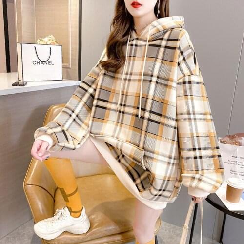 Check hoodie woman loose Korean version autumn and winter new ins tide color check medium long hoodie dress lovely coat