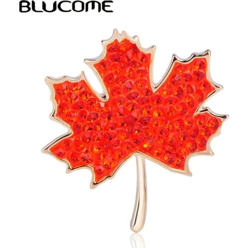 Blucome Vivid Plant Maple Leaf Shape Brooch Full Red Crystals Jewelry Pins Women Girls Gift Collar Scarf Hat Clothes Accessories