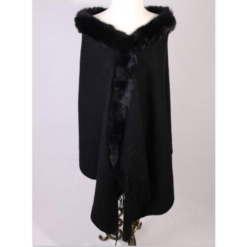 Winter Black Chinese Womens 100% Wool Pashmina Thick Warm Long Stole Shawls Scarves Rabbit Fur Cape Tippet 180x 70cm 011609