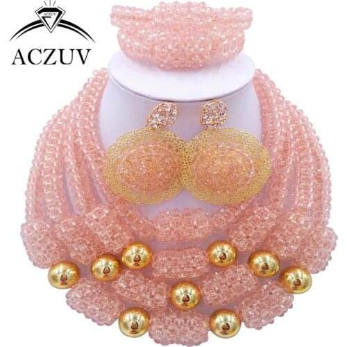 ACZUV Latest Dubai Beads Jewelry Set Crystal Peach African Necklace Nigerian Wedding Party Jewellery Sets D4R011