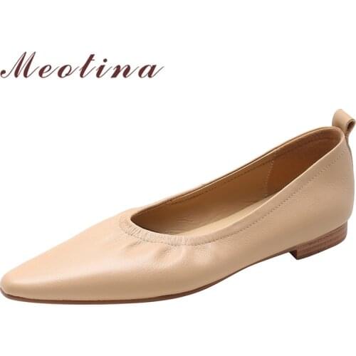 Meotina Ballet Flats Shoes Natural Genuine Leather Flats Shoes Women Pointed Toe Shoes Slip On Dress Footwear Apricot Spring