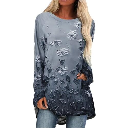 NEW Spring Autumn Blouses Womens Positioning Flower Printed Pullover Casual Round Neck Long Sleeve Tops blusas блузка женская