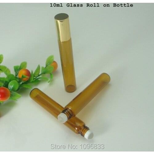 10CC 10ML Amber Brown Glass Roll on Bottle, Essential Oil Vial, Perfume Packing Bottles, Empty Glass Vials Golden Cap, 50pcs/Lot
