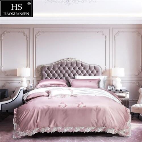 Light Pink Delicate Embroidery Lace Design 4Pieces Bedding Set Pure Cotton Fabric Queen King Size Quilt Cover Pillowcase Sheets