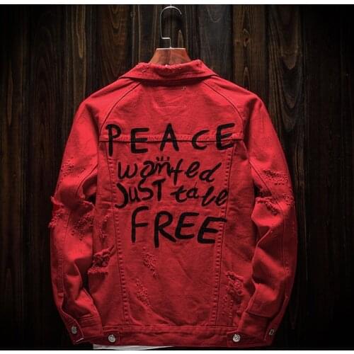 2021New Fashion Letters Embroidery Denim Jacket Holes Ripped Casual Mens Denim Loose Red Coats Motorcycle Outerwear