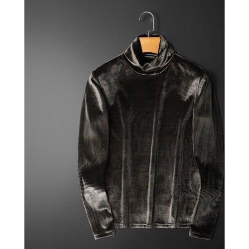 2021 gold velvet new mens autumn and winter plus velvet thick high-neck long-sleeved T-shirt