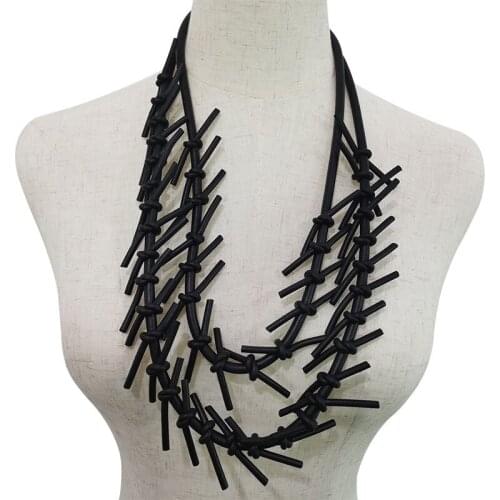 New Irregular Black Leather Rope Tassel Long Necklace For Women Punk Style Foam Rubber Statement Necklaces Handcrafted Jewelry